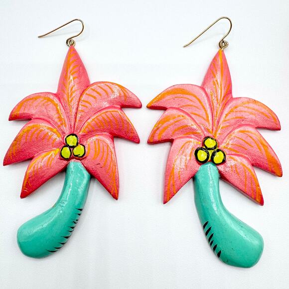 Vintage Palm Tree Huge Hand Painted Earrings Wood Miami Kitschy Wacky Fun Beachy - Picture 1 of 8